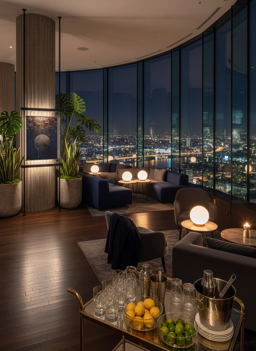 Lounge moderne avec grandes baies vitrées sur ville la nuit, plantes et chariot de bar, avec tableau encadré représentant une lune dorée sur fond bleu.