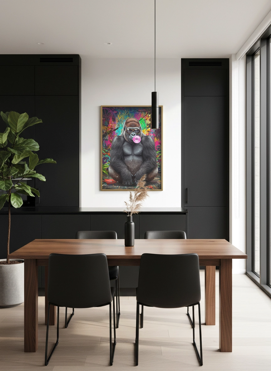 Affiche gorille street art au mur, gorille à lunettes avec bulle rose, fond graffiti multicolore dans une salle à manger.