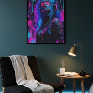 Affiche cyberpunk femme rose et bleu encadrée au-dessus d’un fauteuil, avec lampe, table ronde, livre ouvert et tasse.