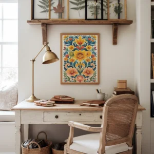 Bureau en bois avec chaise cannage et lampe, étagère de cadres botaniques, et affiche florale folk colorée encadrée en bois accrochée au mur.