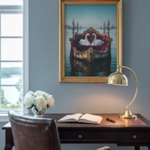 Affiche cygnes sur barque dans un cadre doré, au-dessus d’un bureau en bois foncé avec lampe laiton et fleurs blanches.
