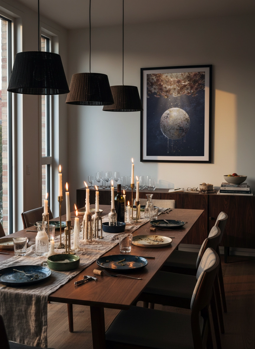 Salle à manger avec table en bois et bougies, suspensions noires, et tableau encadré montrant une lune dorée sur fond bleu au mur.