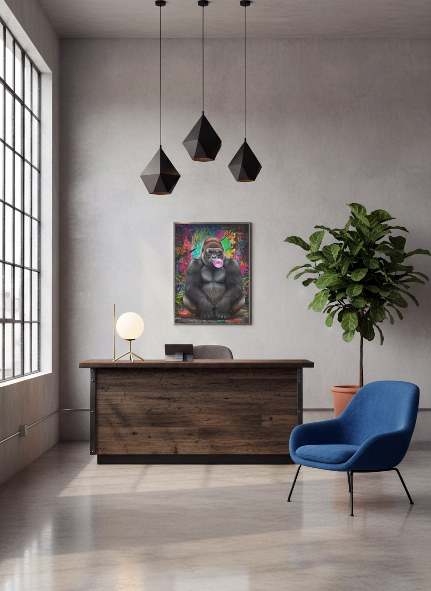 Affiche gorille street art dans un bureau, gorille à lunettes avec bulle rose, fond graffiti multicolore au mur.