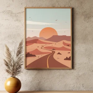 Affiche paysage désert minimaliste accrochée sur un mur texturé au style contemporain.