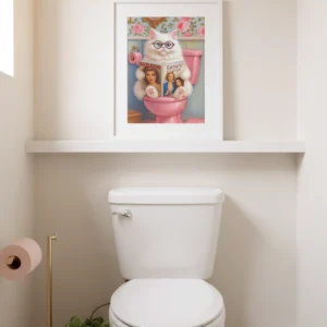 Affiche encadrée avec un chat humoristique dans des toilettes modernes et minimalistes.