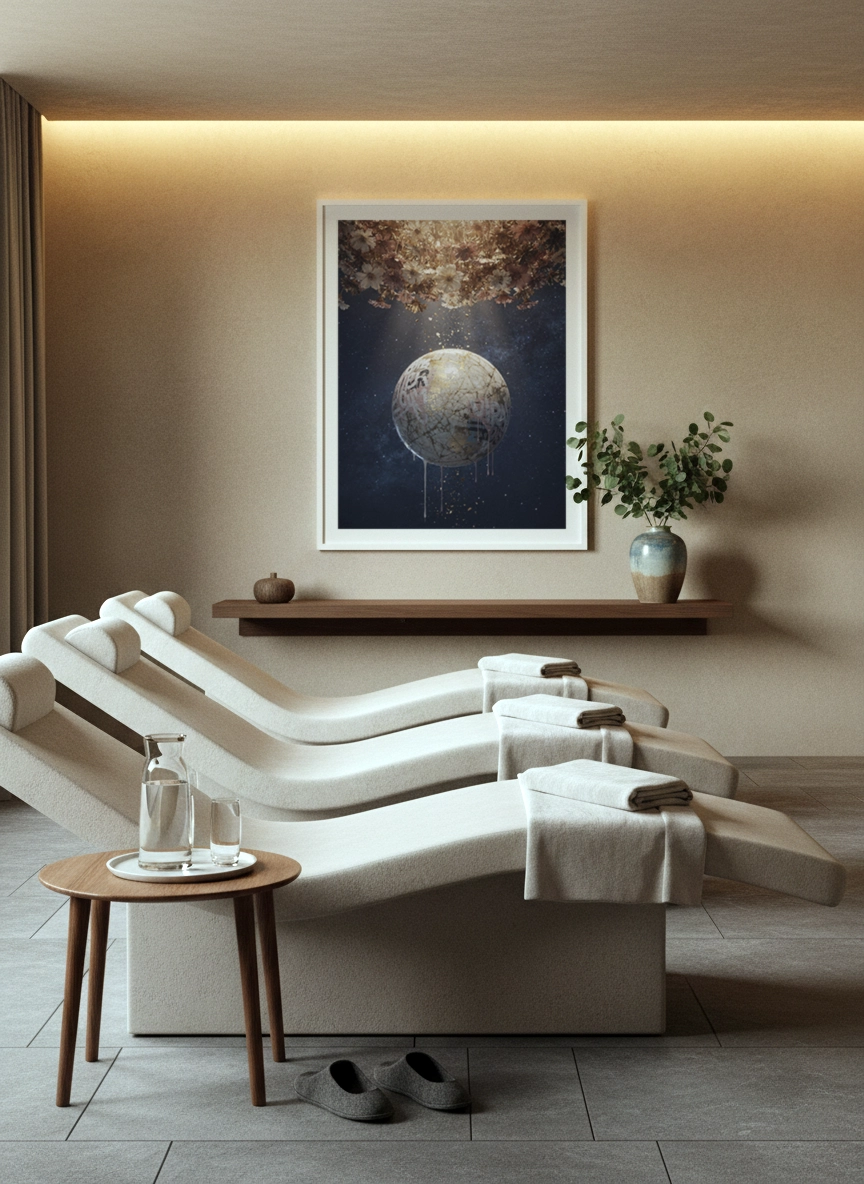 Salle de relaxation avec chaises longues blanches et serviettes, petite table avec carafe, et affiche encadrée montrant une lune dorée sur fond bleu.