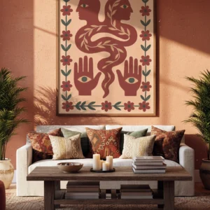 Affiche illustration folk sur mur terracotta, deux visages dos à dos, mains avec yeux et bordure florale rouge et verte.
