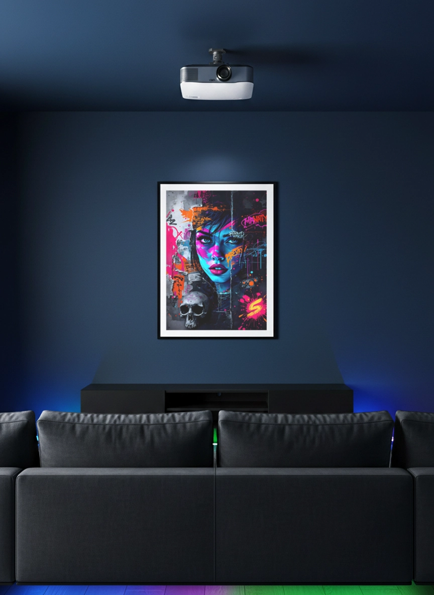 affiche street art portrait femme dans salle cinéma maison