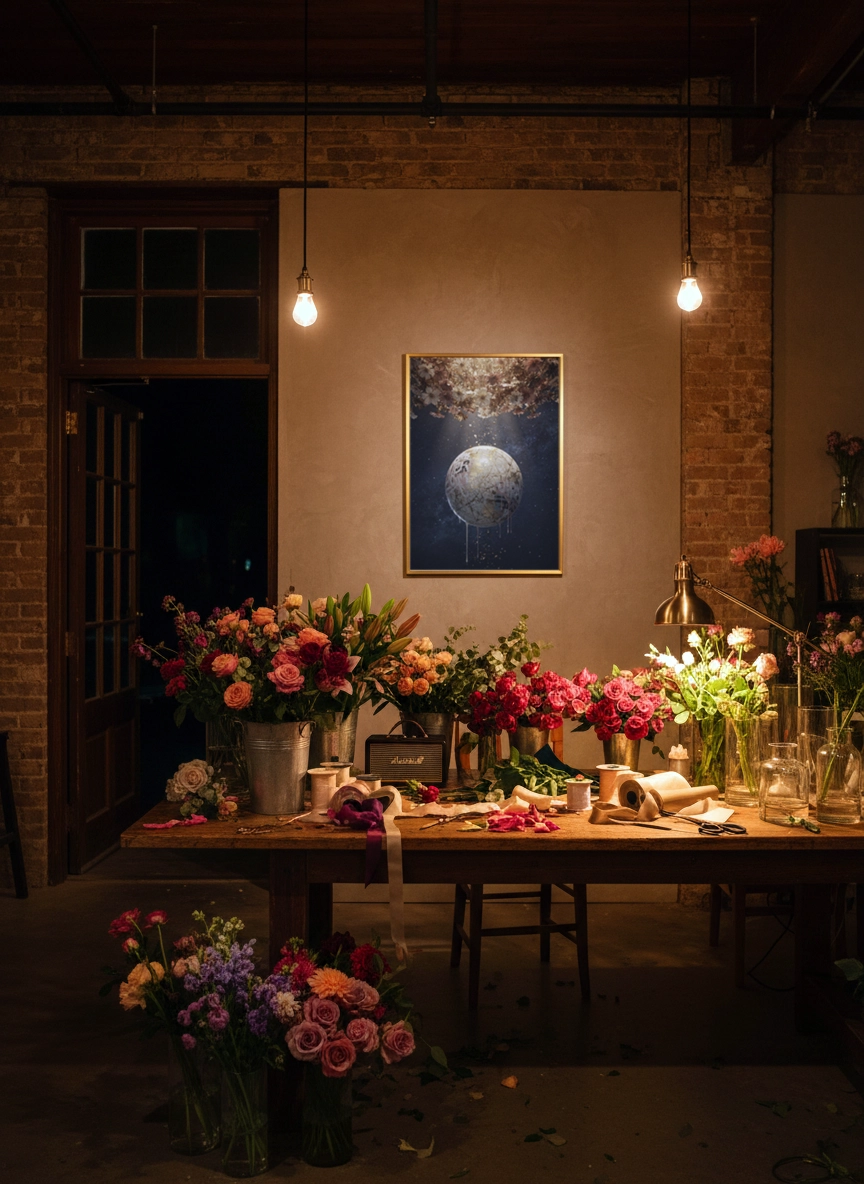 Atelier fleuriste avec établi rempli de bouquets et vases, mur en brique, et tableau encadré doré représentant une lune dorée sur fond bleu.