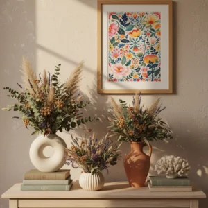 Affiche florale encadrée au-dessus d’un buffet avec vases et décoration naturelle.