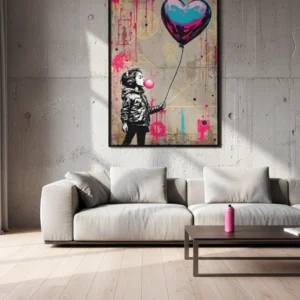 Affiche street art enfant avec ballon cœur dans un salon minimaliste et lumineux.