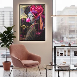 Cadre mural street art avec portrait de femme, bulle de chewing-gum rose et cœur néon, dans un salon moderne avec fauteuil rose et plante.