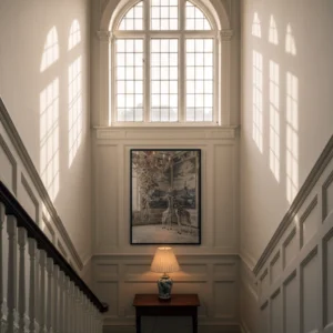 Affiche girafes bleu et blanc style faïence, encadrée noir, dans une cage d’escalier lumineuse avec grande fenêtre cintrée.