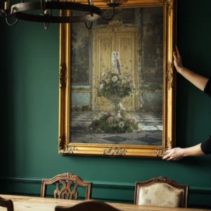 Affiche encadrée tenue à la main lors de son installation sur un mur vert