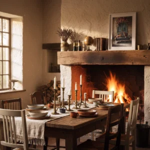 Salle à manger rustique avec cheminée en feu et table en bois, et affiche encadrée montrant deux renards sur un canapé devant une porte bleue ornée de fleurs.