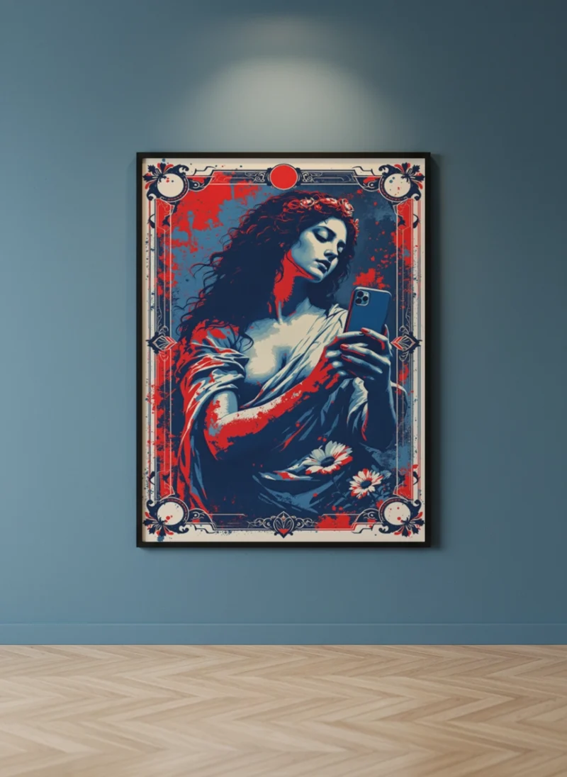 Affiche artistique contemporaine seule sur un mur bleu, décoration minimaliste.