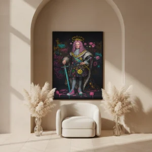 Affiche art urbain exposée dans une niche architecturale avec fauteuil et éléments décoratifs.