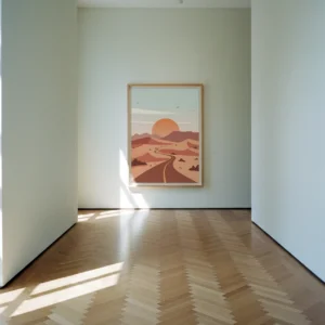 Affiche désert minimaliste avec route et soleil couchant dans un espace épuré et contemporain.