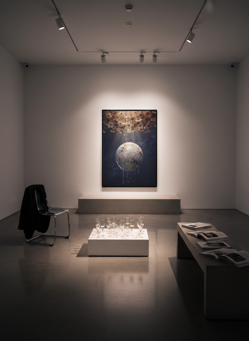 Galerie d’art minimaliste avec spots au plafond et grande œuvre murale montrant une lune dorée sur fond bleu nuit, avec table basse et verres au premier plan.