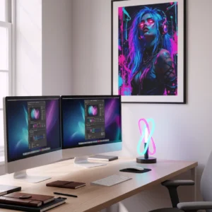 Affiche cyberpunk femme rose et bleu encadrée au-dessus d’un bureau avec deux écrans et une lampe LED colorée.