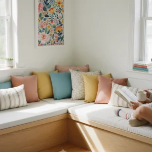 Affiche florale dans un coin lecture avec banquette et coussins colorés.