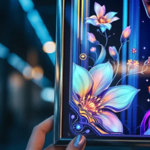 Détail rapproché d’une affiche art moderne représentant une femme entourée de fleurs colorées