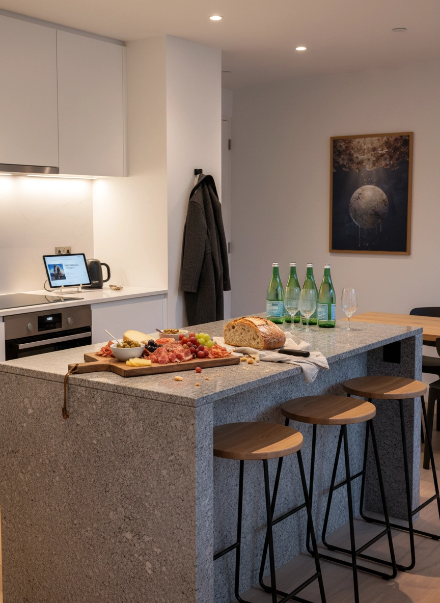 Cuisine blanche avec îlot en pierre et planche apéritive, et affiche encadrée dorée montrant une lune dorée sur fond bleu nuit au mur.