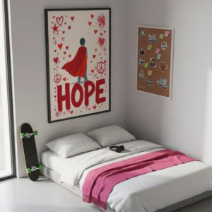 Affiche HOPE accrochée dans une chambre minimaliste avec lit bas et décoration épurée.