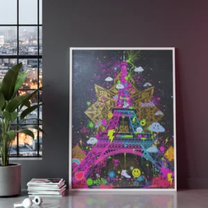 Affiche street art colorée de la Tour Eiffel posée dans un intérieur moderne et urbain.