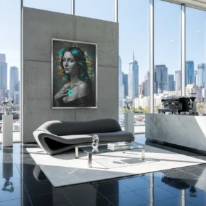 Affiche portrait femme noir et turquoise encadrée sur un mur en béton, dans un salon moderne avec grandes baies vitrées.