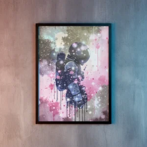 Détail d’une affiche astronaute art contemporain avec effets de peinture
