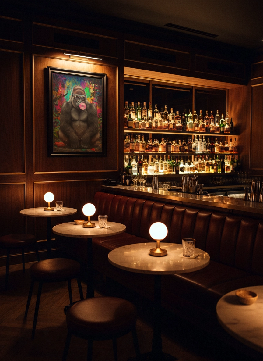 Affiche gorille street art encadrée dans un bar, gorille à lunettes soufflant une bulle rose sur fond graffiti coloré.