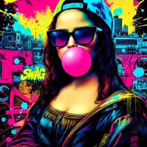 Affiche Joconde street art avec lunettes, chewing-gum rose, casquette et éclaboussures néon sur fond urbain.