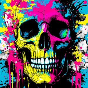 Affiche représentant un crâne coloré avec éclaboussures de peinture style graffiti dans des tons néon rose, jaune et bleu.