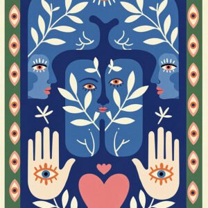 Affiche symbolique en tons bleus avec visage stylisé, yeux décoratifs, mains, cœur rose et feuillages.