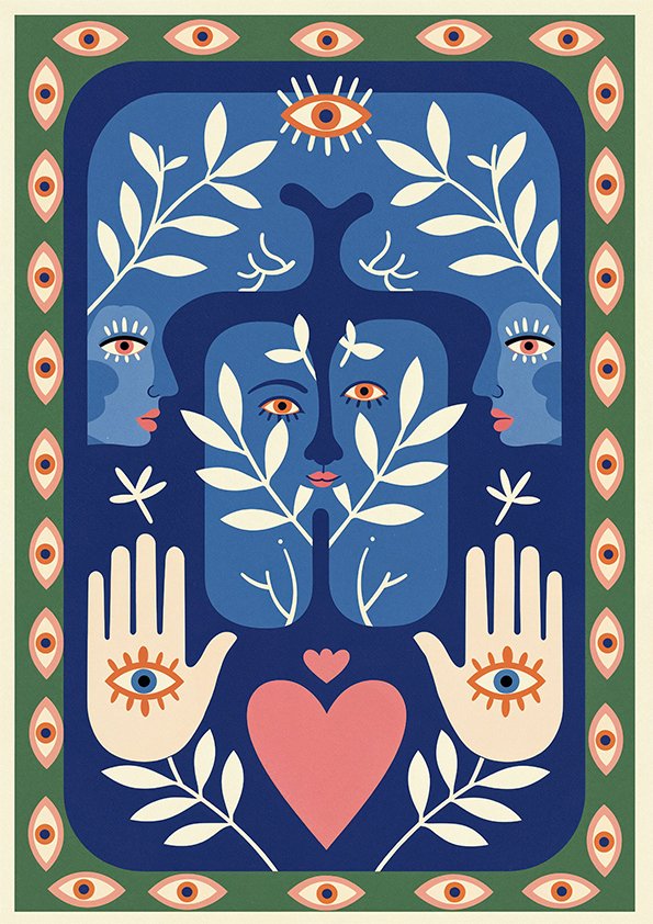 Affiche symbolique en tons bleus avec visage stylisé, yeux décoratifs, mains, cœur rose et feuillages.