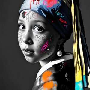 Affiche portrait street art avec femme au turban, boucle d’oreille en perle, visage noir et blanc et graffiti coloré.