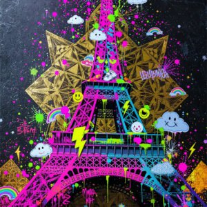 Affiche Tour Eiffel street art avec graffiti néon rose, bleu et vert, motifs dorés, nuages, éclairs et arcs-en-ciel.