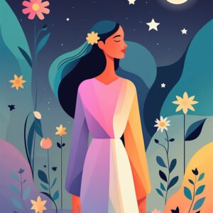 Affiche femme sous la lune avec robe longue, fleurs, ciel étoilé et illustration florale pastel.