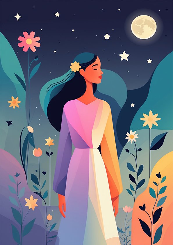 Affiche femme sous la lune avec robe longue, fleurs, ciel étoilé et illustration florale pastel.