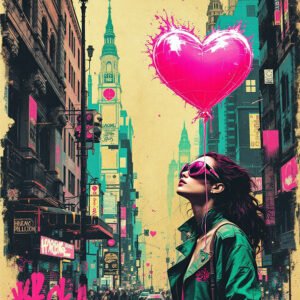 Affiche femme street art avec lunettes teintées, veste verte, ballon cœur rose et rue urbaine animée en arrière-plan.