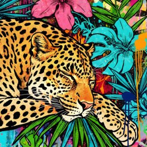 Affiche léopard tropical allongé parmi des fleurs exotiques et un feuillage coloré, dans un style pop art vif.