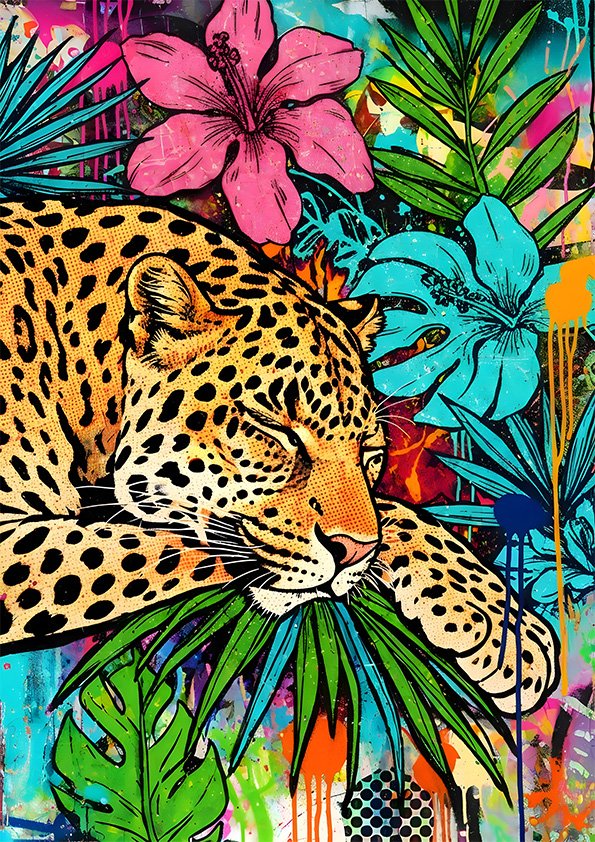 Affiche léopard tropical allongé parmi des fleurs exotiques et un feuillage coloré, dans un style pop art vif.