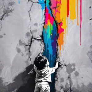 Affiche enfant street art en noir et blanc devant un mur fissuré avec coulures de peinture bleu, rose, jaune et orange.