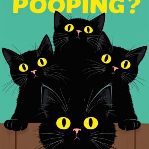 Affiche chat humoristique avec quatre chats noirs aux yeux jaunes sur fond turquoise et texte « ARE YOU POOPING? ».