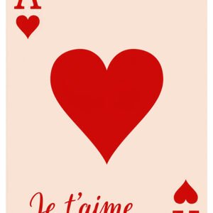 Affiche as de cœur minimaliste avec grand cœur rouge, symboles de carte à jouer et texte « Je t’aime » sur fond beige.
