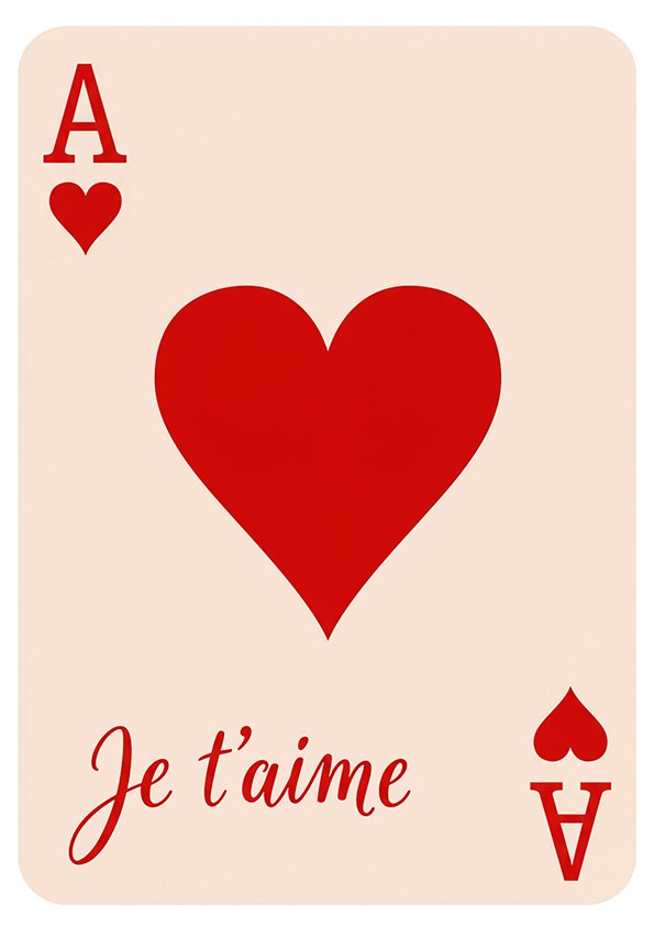 Affiche as de cœur minimaliste avec grand cœur rouge, symboles de carte à jouer et texte « Je t’aime » sur fond beige.