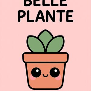 Affiche plante humoristique sur fond rose avec pot de fleur kawaii souriant et texte « BELLE PLANTE ».