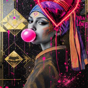 Affiche représentant un portrait féminin inspiré de La Jeune Fille à la perle avec cœur néon rose et style graffiti.