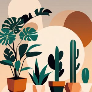 Affiche plantes minimaliste avec cactus, monstera et plantes en pot dans une illustration botanique aux tons terracotta et beige.